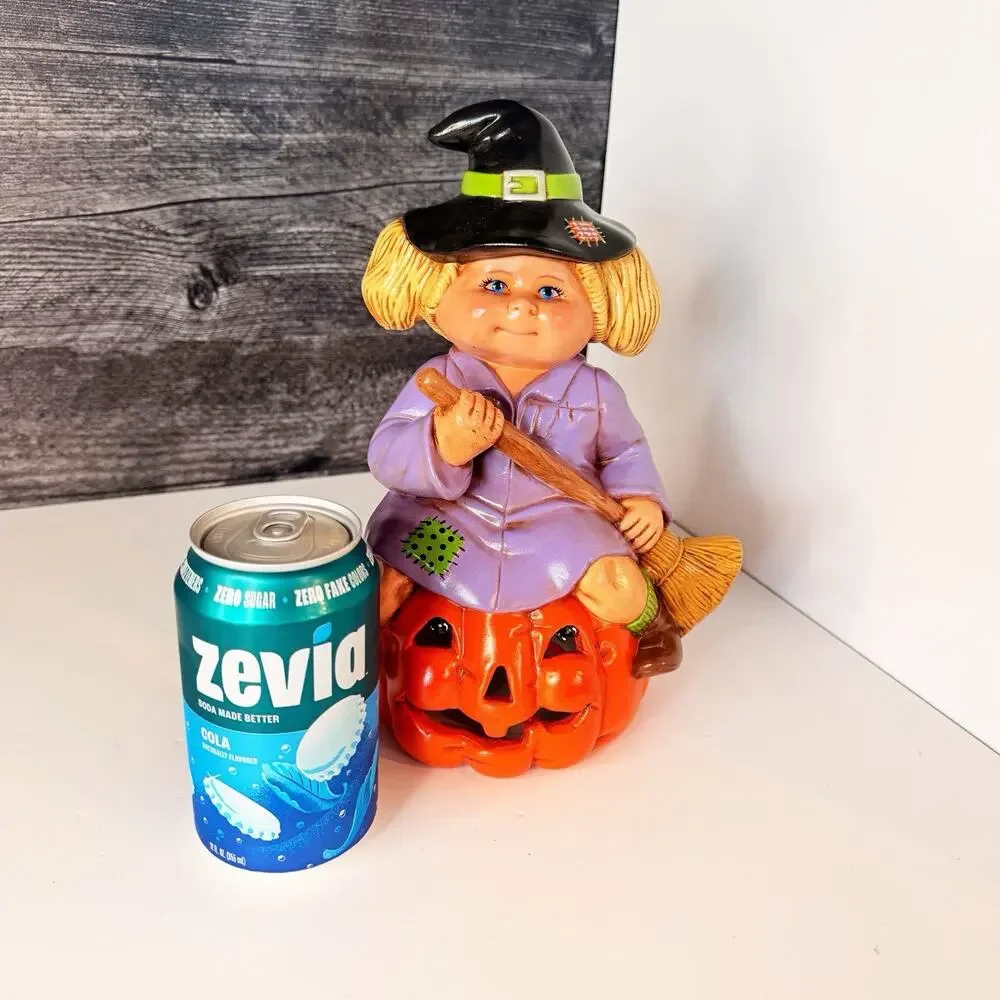 Vintage Ceramic Cabbage Patch Kids Halloween Witch Sitting on Pumpkin Figurine